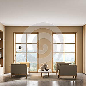 Beige living room interior with armchairs and sofa, bookshelf and window