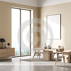 Beige living room interior with furniture and window, mock up