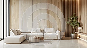 a beige living room with two white couches and wooden accent walls