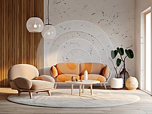 Beige lounge chair near orange loveseat sofa against wood and stone paneling wall. Mid-century style home interior design of