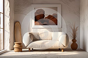 Beige loveseat sofa in small room. Interior design of modern rustic living room. Created with generative AI