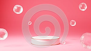 Beige luxury podium or pedestal for products or advertising with bubbles on pastel pink background, 3d render