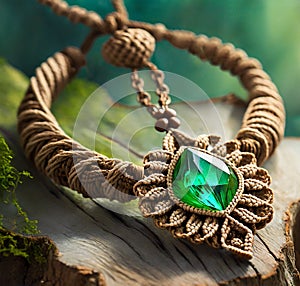 beige macrame necklace with a green crystal on wooden tree trunk