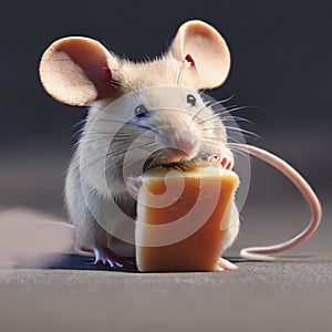 Beige mouse with big ears enjoys cheese