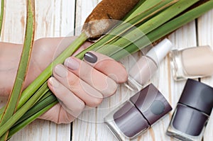 Beige nail design. Beautiful female hand with different shades of brown manicure