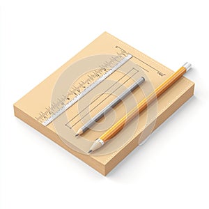 **Title:** Precise Measurements: Pencils, Ruler, and Brown Paper Stack for Drafting and Design Pro photo