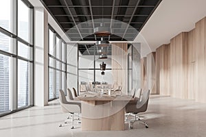 Beige office room interior with conference board and chairs, panoramic window