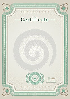 Beige official certificate. Green guilloche border