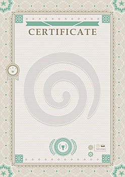 Beige official certificate.Guilloche beige border. Green design elements