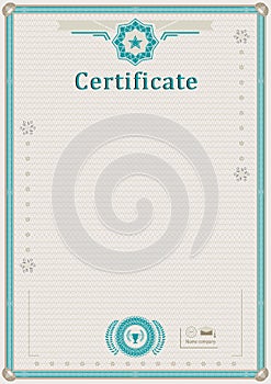 Beige official certificate. Guilloche turqoise border. Green design elements.