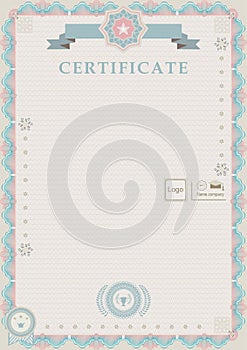 Beige official certificate.Guilloche turqoise pink border.