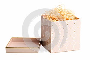 Beige open gift box with filler i