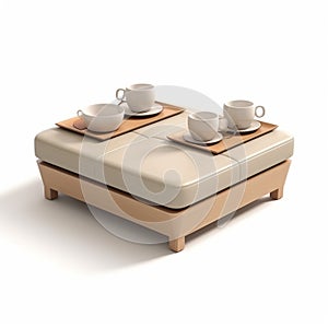 Beige Ottoman Coffee Table With Cups And Saucers - 3d Render