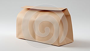 Beige Paper Bag With A Rectangular Shape Resting On A White Surface