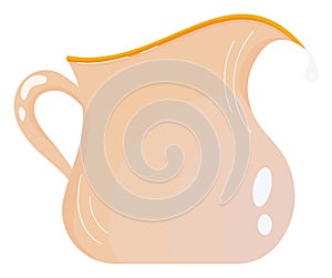 Beige pitcher with spilling milk. Ceramic jug with flowing liquid on white background vector illustration