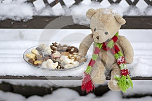 Beige plushy teddy bear with red green striped knitted scarf sitting with Christmas cookies on the bench covered with white snow