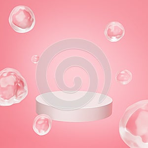 Beige podium or pedestal for products or advertising with bubbles on pastel pink background, 3d render