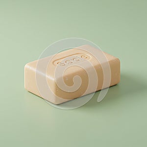 Beige rectangular bar of soap with rounded edges, embossed with the word 