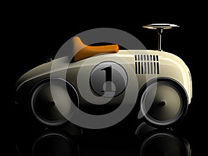 Beige retro toy car number one isolated on black background