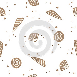 Beige sea shells on a white background. Vector Seamless pattern