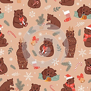 Beige seamless pattern with cute brown bears and Christmas elements. Winter beige vector illustration for fabric