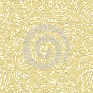 Beige Seamless pattern with EASTER EGGS, flowers, leafs, chick. Hand-drawn decorative elements. Easter holidays design. Can be