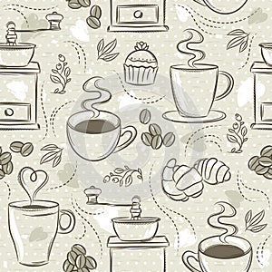 Beige seamless patterns with coffee set, cup, heart, coffee mill and text. Background with coffee set. Ideal for printing onto fab photo