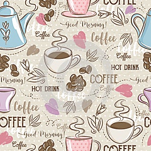 Beige seamless patterns with coffee set, heart, flower and text.