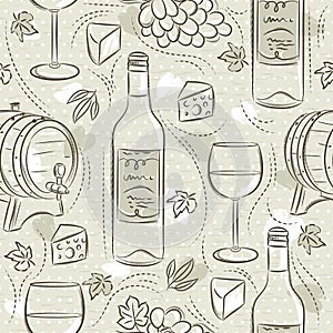 Beige seamless patterns with red wine set, cask, barrel, wineglass, grape and cheese. Ideal for printing onto fabric and paper or