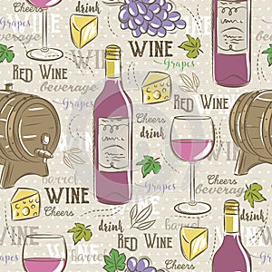 Beige seamless patterns with red wine set, cask, glass, grapes,