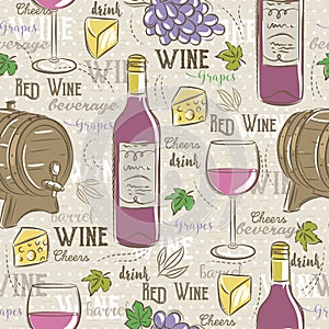 Beige seamless patterns with red wine set, cask, glass, grapes, photo
