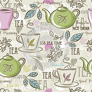 Beige seamless patterns with tea set, leafs, cup,kettle, flower