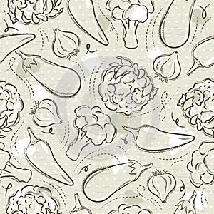 Beige Seamless Patterns with vegetable, pepper, eggplant, cauliflower and broccoli. Ideal for printing onto fabric and paper or