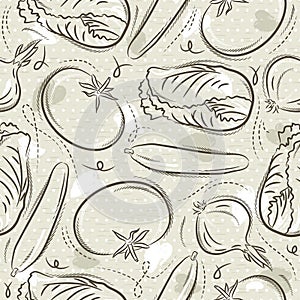 Beige Seamless Patterns with vegetable, tomato, cucumber, salad and onions. Ideal for printing onto fabric and paper or scrap