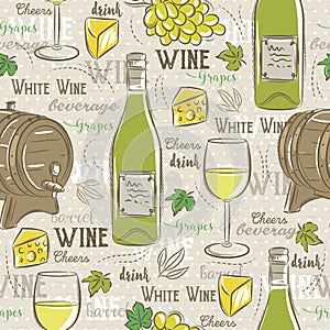 Beige seamless patterns with white wine set, cask, glass, grapes