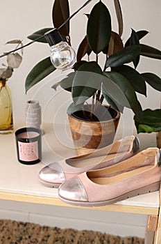 Beige shoes elegant leather women`s shoes on a wooden background light shiny shoes with heels.