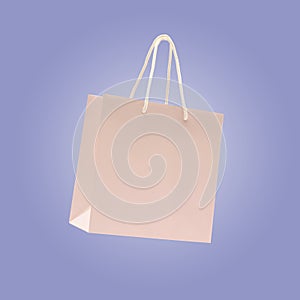 Beige shopping bag in air on blue violet background
