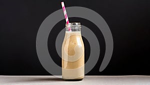 Beige smoothie in glass bottle with paper straw on table. Tasty drink