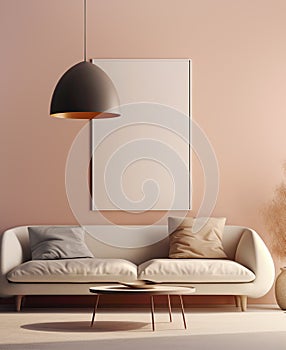 Beige sofa against peach color wall. Interior design of modern living room with empty blank mock up poster frame. Created with