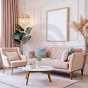 Beige sofa and armchair near white wall. Interior design of modern living room with empty blank mock up poster frame