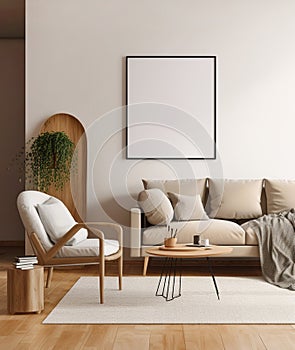 Beige sofa and armchair near white wall. Interior design of modern living room with empty blank mock up poster frame. Created with