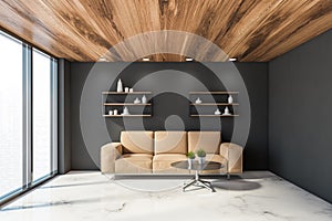 Beige sofa in comfortable grey living room