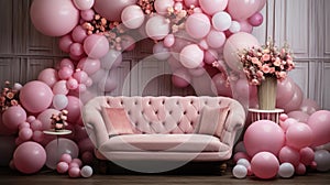 Beige sofa in the interior of the room decorated with pink balloons and flowers. Beautiful festive photo zone