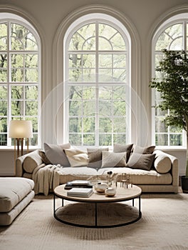 Beige sofa and pouf near round coffee table against arched windows. Mid-century style home interior design of modern living room