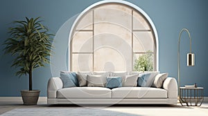 Beige sofa in room with blue wall, arched window and high ceiling. Interior design of modern living room