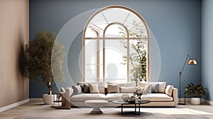 Beige sofa in room with blue wall, arched window and high ceiling. Interior design of modern living room