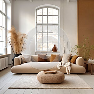 Beige sofa and terra cotta cushions in room with high ceiling an