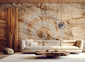 Beige sofa and wooden live edge coffee table against stone wall. Rustic home interior design of modern living room