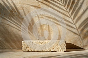 Beige stone podium with palm leaves shadows. Mock up for product, cosmetic presentation. Pedestal, platform for beauty