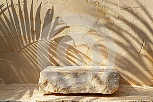 Beige stone podium with palm leaves shadows. Mock up for product, cosmetic presentation. Pedestal, platform for beauty